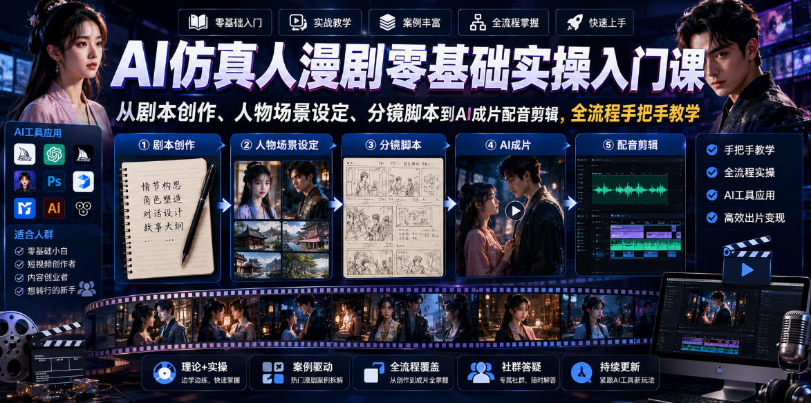 AI仿真人漫剧零基础实操入门课,从剧本创作、人物场景设定、分镜脚本到AI成片配音剪辑,全流程手把手教学-大川资源分享站