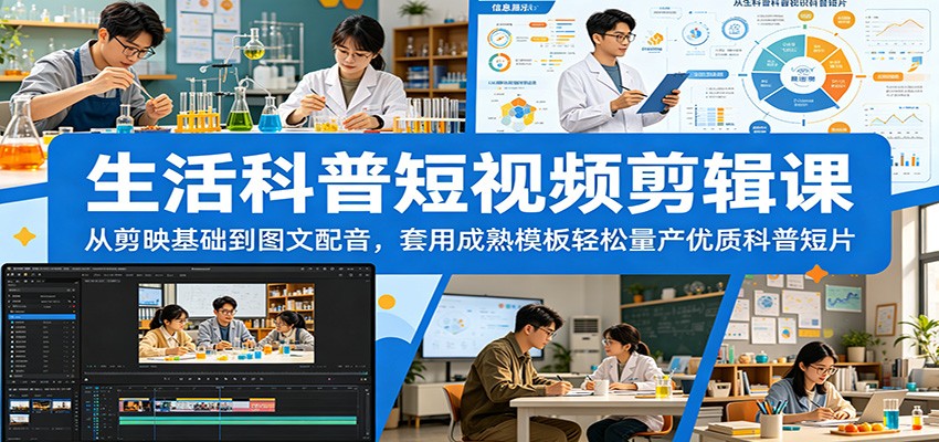 生活科普短视频剪辑课：从剪映基础到图文配音，套用成熟模板轻松量产优质科普短片-大川资源分享站