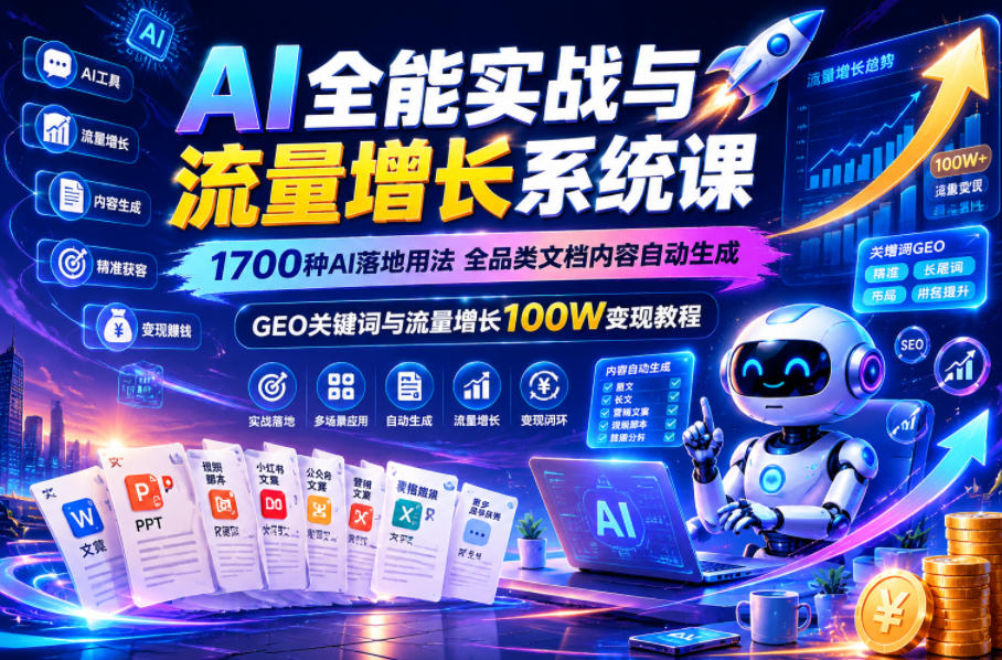 AI全能实战与流量增长系统课，1700种AI落地用法，全品类文档内容自动生成，GEO关键词与流量增长100W变现教程-大川资源分享站