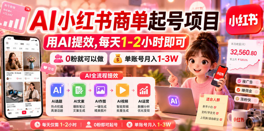 AI小红书商单起号项目，用AI提效,每天1-2小时即可，0粉就可以做，单账号月入1-3W-大川资源分享站