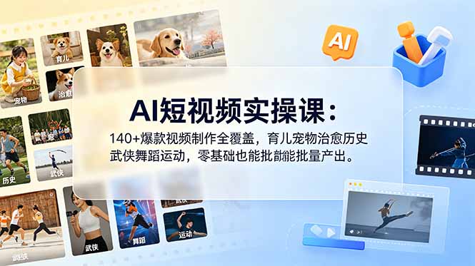 AI短视频实操课：140+爆款视频制作全覆盖，育儿宠物治愈历史武侠舞蹈运动，零基础也能批量产出-大川资源分享站