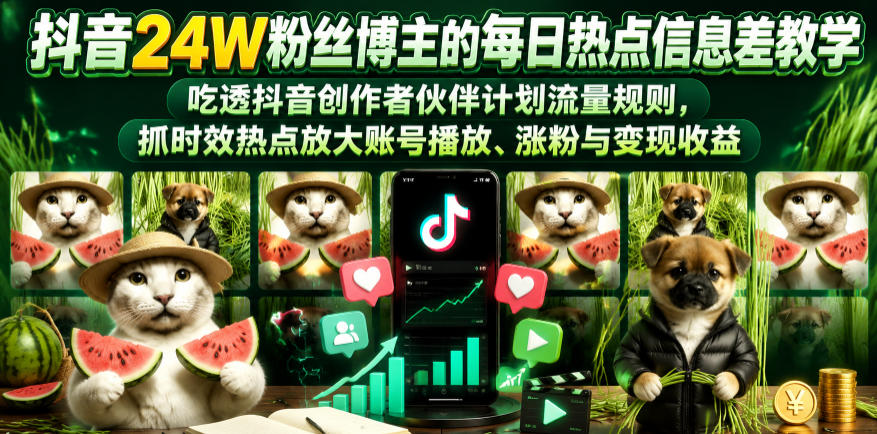 抖音24W粉丝博主的每日热点信息差教学，吃透创作者伙伴计划流量规则，抓时效热点放大账号播放、涨粉与变现收益-大川资源分享站