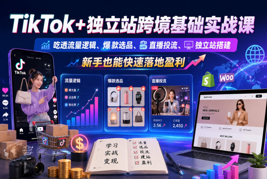 TikTok+独立站跨境基础实战课，吃透流量逻辑、爆款选品、直播投流与独立站搭建，新手也能快速落地盈利-大川资源分享站
