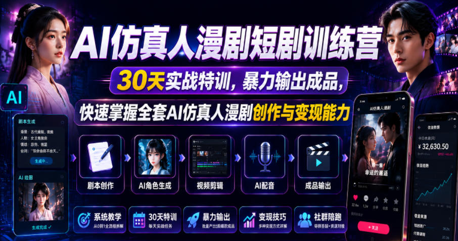 AI仿真人漫剧短剧训练营，30天实战特训，暴力输出成品，快速掌握全套AI仿真人漫剧创作与变现能力-大川资源分享站