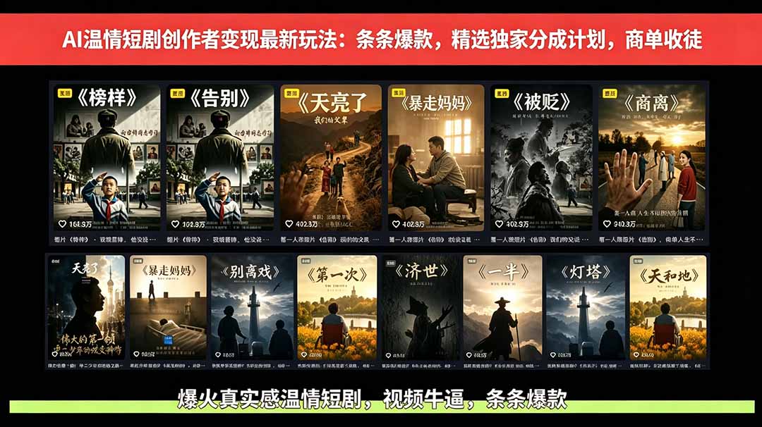 AI温情短剧创作者变现最新玩法：视频牛逼，条条爆款，精选独家分成计划，商单收徒-大川资源分享站
