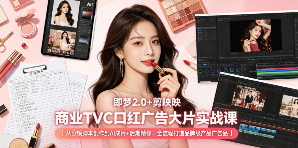 即梦2.0+剪映商业TVC口红广告大片实战课｜从分镜脚本创作到AI成片+后期精修，全流程打造品牌级产品广告-大川资源分享站