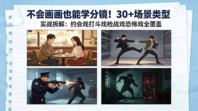不会画画也能学分镜！30+场景类型实战拆解：约会戏打斗戏枪战戏恐怖戏全覆盖-大川资源分享站