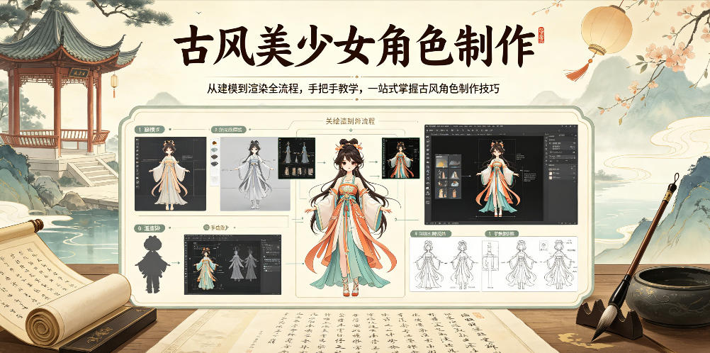 古风美少女角色制作，从建模到渲染全流程，手把手教学，一站式掌握古风角色制作技巧-大川资源分享站