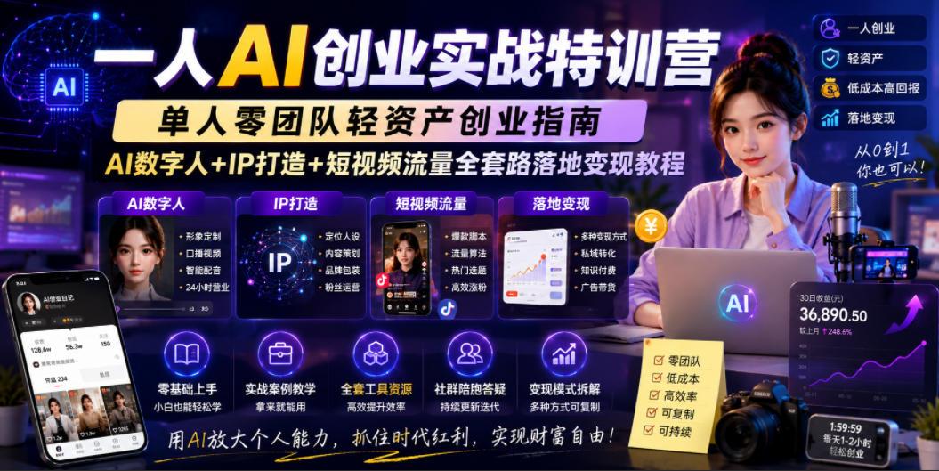 一人AI创业实战特训营，单人零团队轻资产创业指南，AI数字人+IP打造+短视频流量全套路落地变现教程-大川资源分享站
