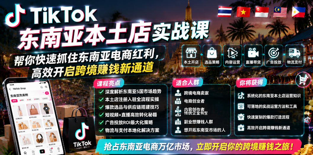 TikTok东南亚本土店实战课，帮你快速抓住东南亚电商红利，高效开启跨境賺钱新通道-大川资源分享站