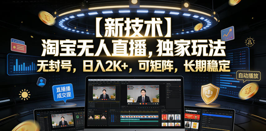 【新技术】淘宝无人直播，独家玩法，无封号，日入2K+，可矩阵，长期稳定【揭秘】-大川资源分享站