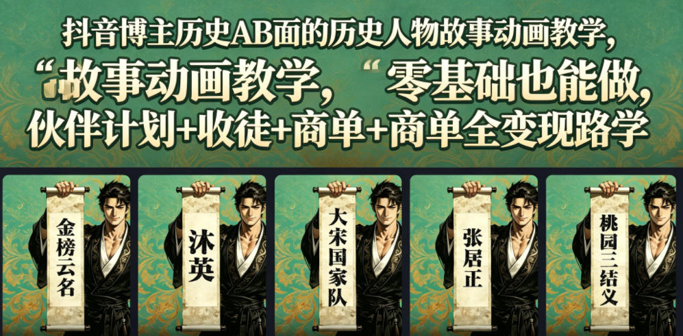 抖音博主历史AB面的历史人物故事动画教学，零基础也能做，伙伴计划+收徒+商单全变现路径教学-大川资源分享站
