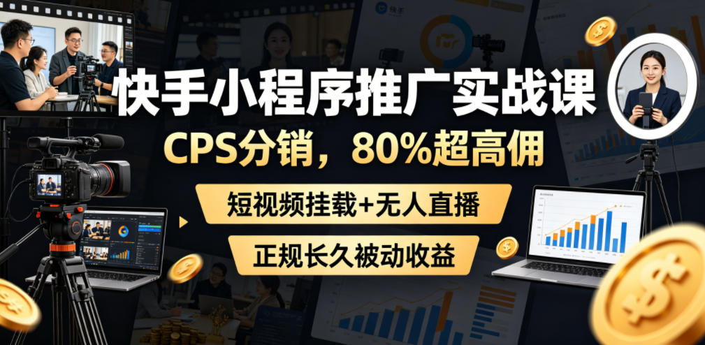 快手小程序推广实战课，CPS分销，80%超高佣，短视频挂载+无人直播，正规长久被动收益-大川资源分享站