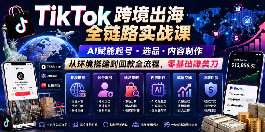 TikTok跨境出海全链路实战课，AI赋能起号・选品・内容制作，从环境搭建到回款全流程，零基础賺美刀-大川资源分享站