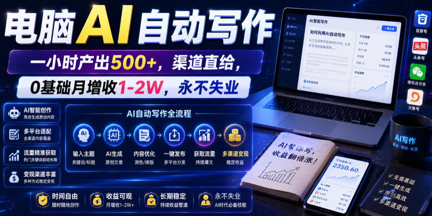 电脑AI自动写作，一小时产出500+，渠道直给，0基础月增收1-2W，永不失业【揭秘】-大川资源分享站
