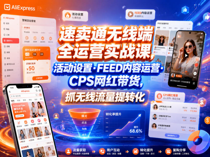 速卖通无线端全运营实战课，活动设置・FEED内容运营・CPS网红带货，抓无线流量提转化-大川资源分享站