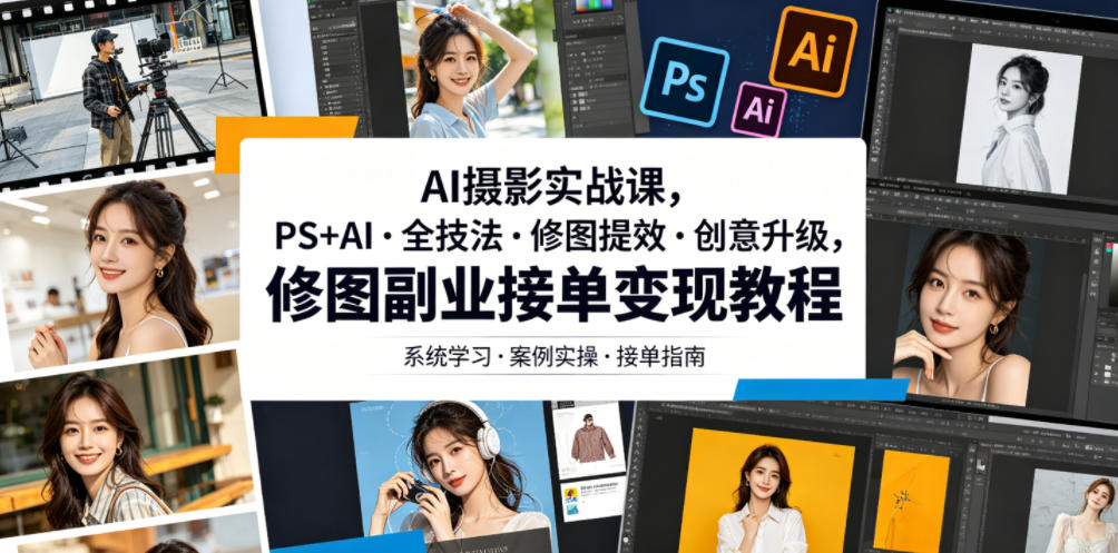 AI摄影实战课，PS+AI・全技法・修图提效・创意升级，修图副业接单变现教程-大川资源分享站