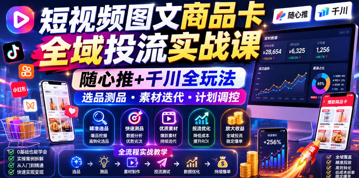 短视频图文商品卡全域投流实战课，随心推+千川全玩法，选品测品・素材迭代・计划调控，提升ROI爆单增收教程-大川资源分享站