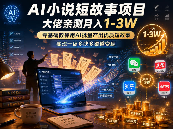 AI小说短故事项目，大佬亲测月入1-3W，零基础教你用AI批量产出优质短故事，实现一稿多吃多渠道变现-大川资源分享站