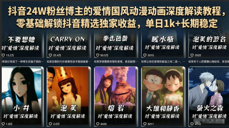 抖音24W粉丝博主的爱情国风动漫动画深度解读教程，零基础解锁抖音精选独家收益，单日1k+长期稳定-大川资源分享站