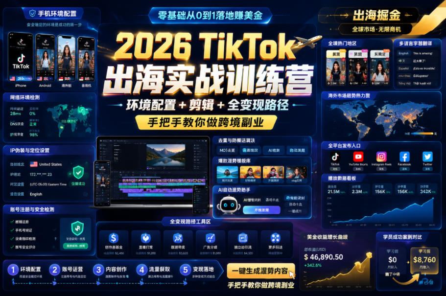 2026 TikTok出海实战训练营，环境配置 + 剪辑 + 全变现路径，手把手教你做跨境副业-大川资源分享站