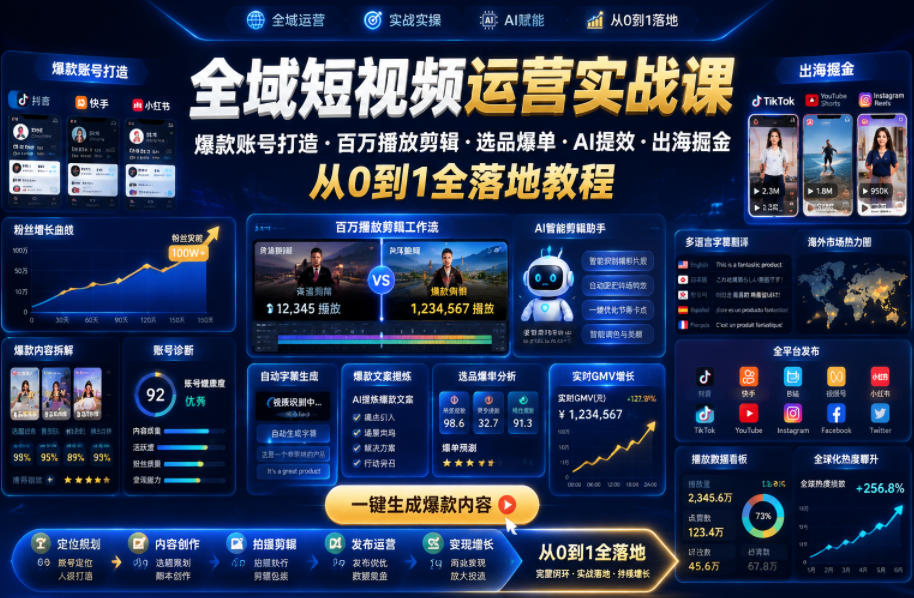全域短视频运营实战课，爆款账号打造・百万播放剪辑・选品爆单・AI提效・出海掘金，从0到1全落地教程-大川资源分享站