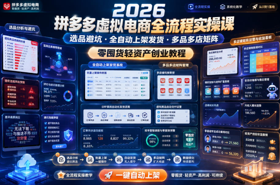 2026拼多多虚拟电商全流程实操课，选品避坑・全自动上架发货・多品多店矩阵，零囤货轻资产创业教程-大川资源分享站