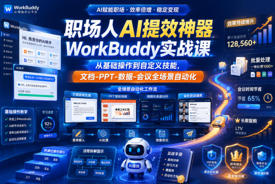 职场人AI提效神器WorkBuddy实战课，从基础操作到自定义技能，文档-PPT-数据-会议全场景自动化-大川资源分享站