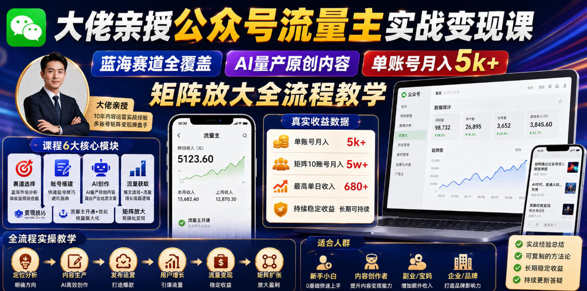 大佬亲授公众号流量主实战变现课，蓝海赛道全覆盖，AI量产原创内容，单账号月入5k+矩阵放大全流程教学-大川资源分享站