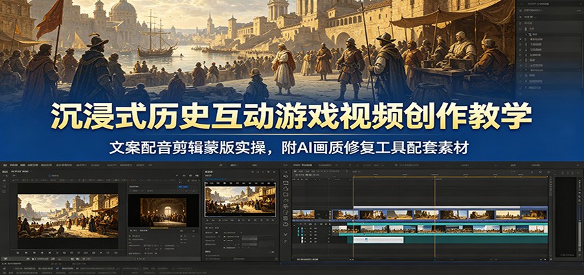 沉浸式历史互动游戏视频创作教学：文案配音剪辑蒙版实操，附AI画质修复工具配套素材-大川资源分享站