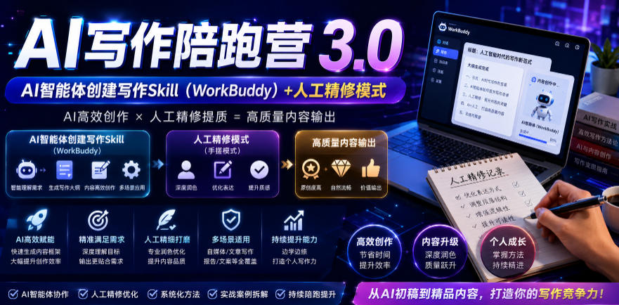 AI写作陪跑营3.0，Ai智能体创建写作skill(workbuddy)+人工手写模式(手搓模式)，去除AI痕迹(头条号、公众号、百家号)-大川资源分享站