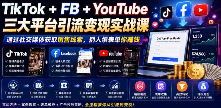 TikTok+FB+YouTube三大平台引流变现实战课，通过社交媒体获取销售线索，别人填表单你賺钱【原创双语字幕】-大川资源分享站