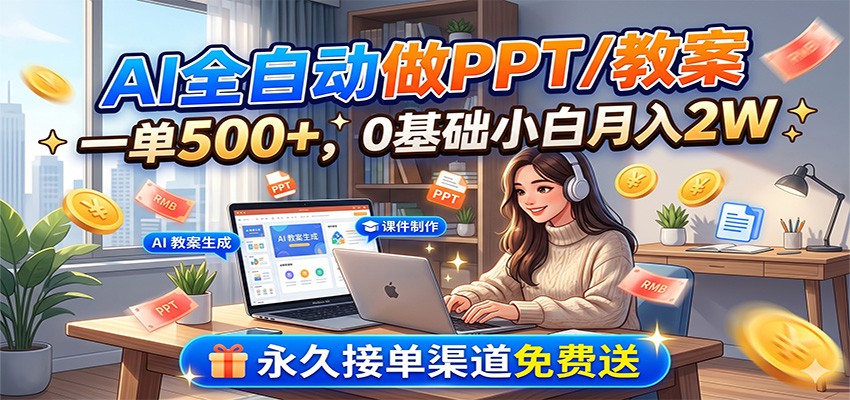 AI全自动做PPT/教案，一单500+，0基础小白月入2W，永久接单渠道免费送-大川资源分享站