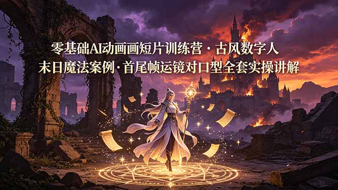 零基础AI动画短片训练营，古风数字人末日魔法案例，首尾帧运镜对口型全套实操讲解-大川资源分享站