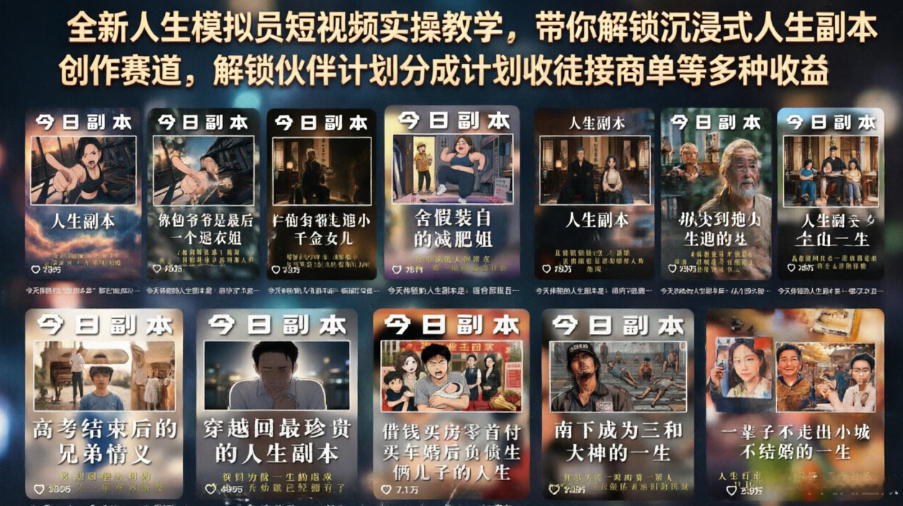 全新人生模拟员短视频实操教学，带你解锁沉浸式人生副本创作赛道，解锁伙伴计划分成计划收徒接商单等多种收益-大川资源分享站