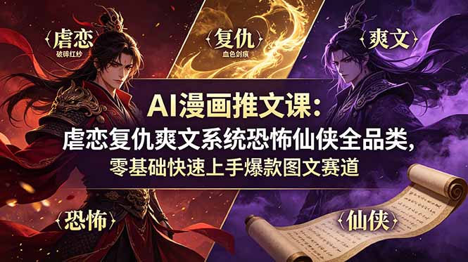 AI漫画推文课：虐恋复仇爽文系统恐怖仙侠全品类，零基础快速上手爆款图文赛道-大川资源分享站