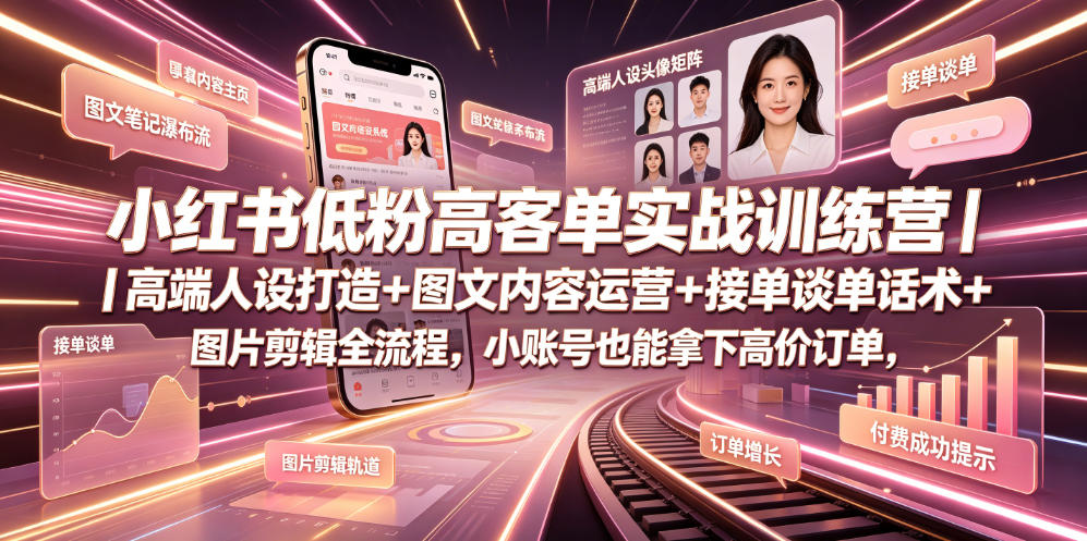 小红书低粉高客单实战训练营｜高端人设打造+图文内容运营+接单谈单话术+图片剪辑全流程，小账号也能拿下高价订单-大川资源分享站