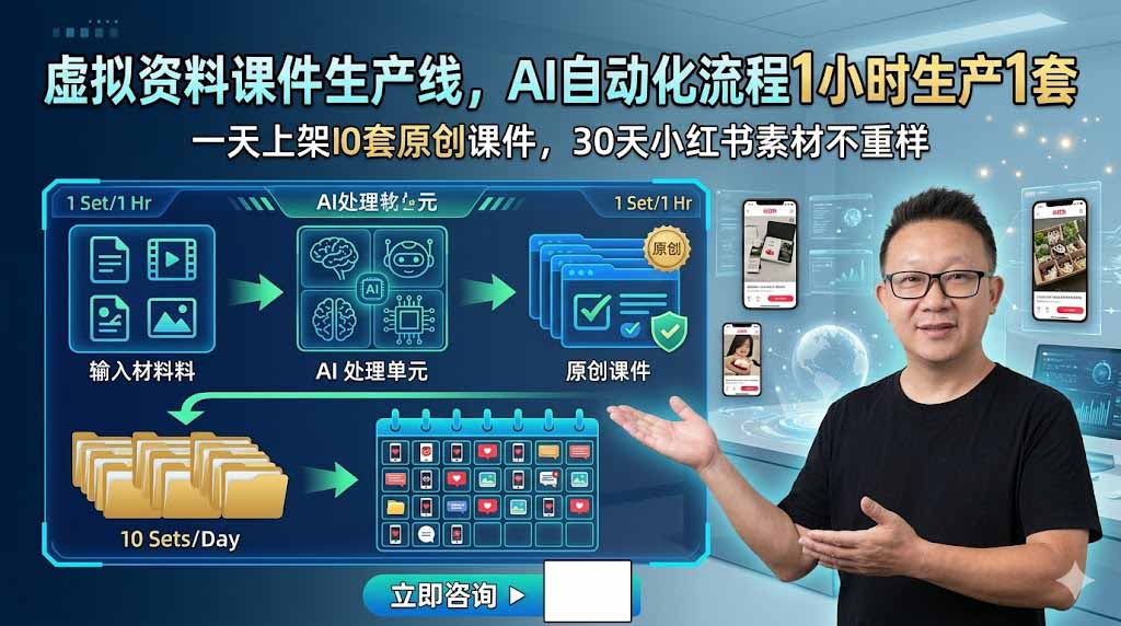 虚拟资料课件生产线,AI自动化流程1小时生产1套,一天上架10套原创课件,30天小红书素材不重样-大川资源分享站