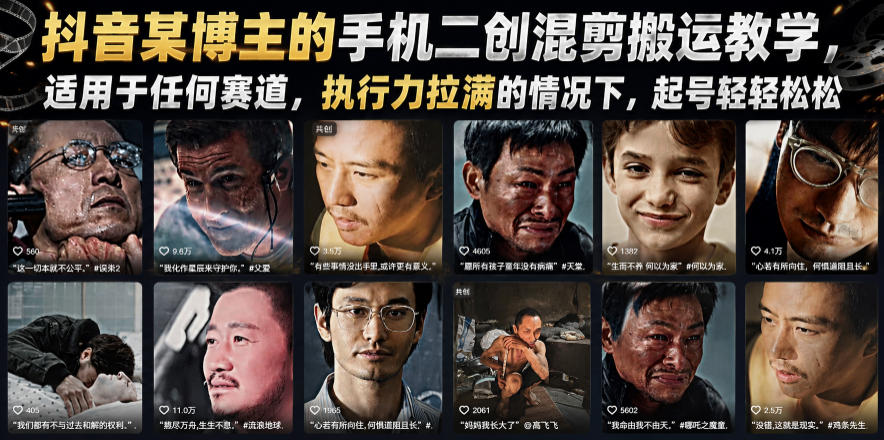 抖音某博主的手机二创混剪搬运教学，适用于任何赛道，执行力拉满的情况下，起号轻轻松松-大川资源分享站