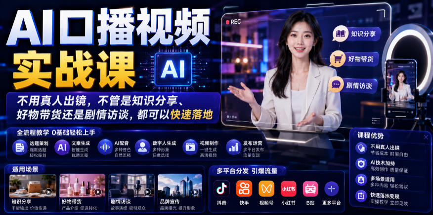 AI口播视频实战课，不用真人出镜，不管是知识分享、好物带货还是剧情访谈，都可以快速落地-大川资源分享站