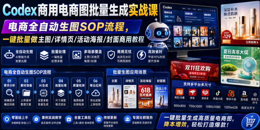 Codex商用电商图批量生成实战课｜电商全自动生图SOP流程，一键批量做主图/详情页/活动海报/封面商用教程-大川资源分享站