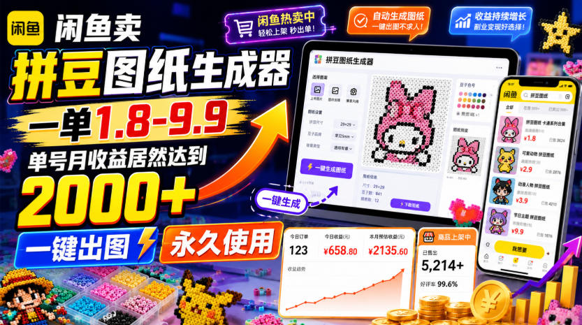 闲鱼卖拼豆图纸生成器，一单1.8-9.9，单号月收益居然达到2000+一键出图永久使用-大川资源分享站
