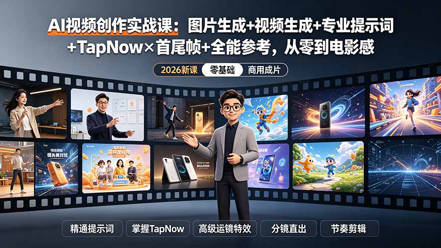 AI视频创作实战课：图片生成+视频生成+专业提示词+TapNow×首尾帧+全能参考，从零到电影感成片-大川资源分享站