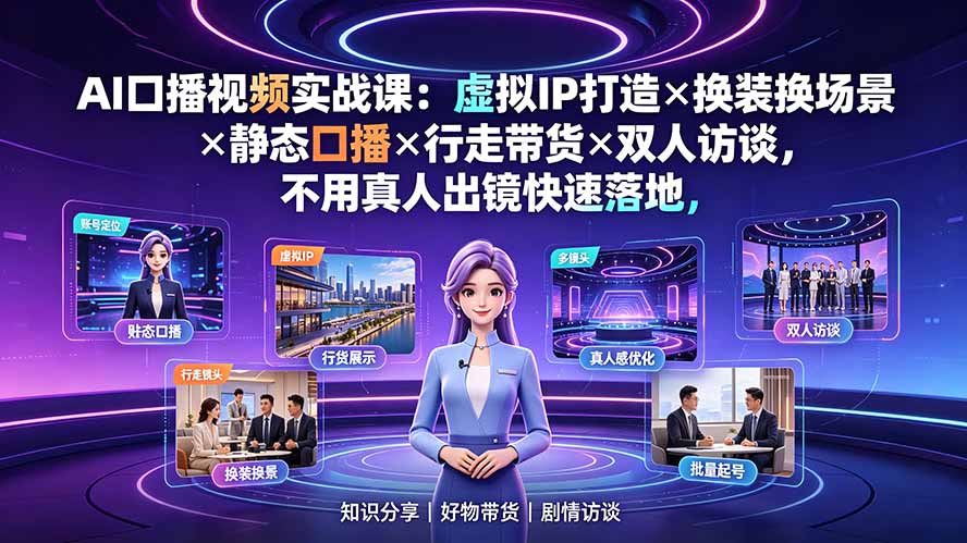 AI口播视频实战课：虚拟IP打造×换装换场景×静态口播×行走带货×双人访谈，不用真人出镜快速落地-大川资源分享站