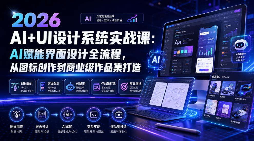 2026 AI+UI设计系统实战课:AI赋能界面设计全流程,从图标创作到商业级作品集打造-大川资源分享站