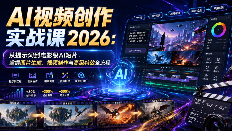 AI视频创作实战课2026:从提示词到电影级AI短片,掌握图片生成、视频制作与高级特效全流程-大川资源分享站
