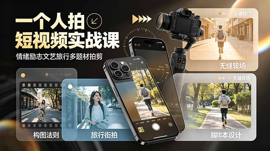 一个人拍短视频实战课：情绪励志文艺旅行多题材×五大景别×黄金构图×八大运镜，从拍摄到成片高效创作-大川资源分享站