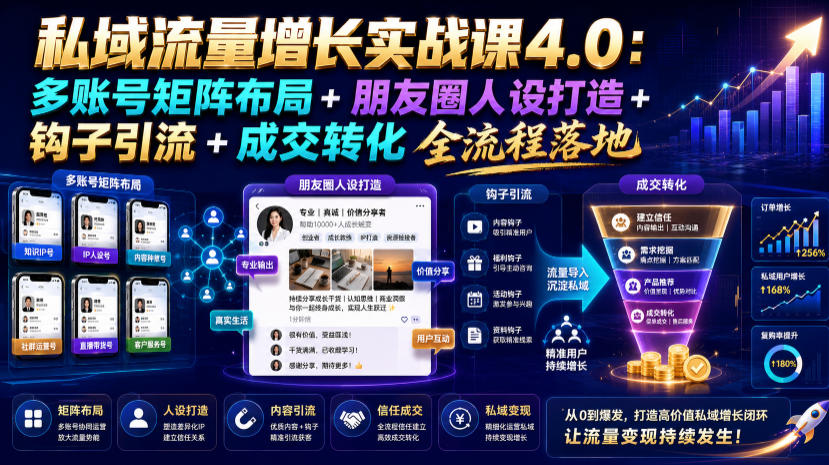 私域流量增长实战课4.0：多账号矩阵布局+朋友圈人设打造+钩子引流+成交转化全流程落地-大川资源分享站