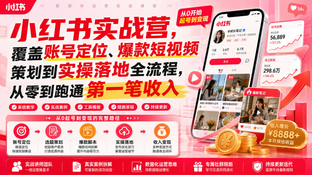 小红书实战营，覆盖账号定位、爆款短视频策划到实操落地全流程，从零到跑通第一笔收入-大川资源分享站