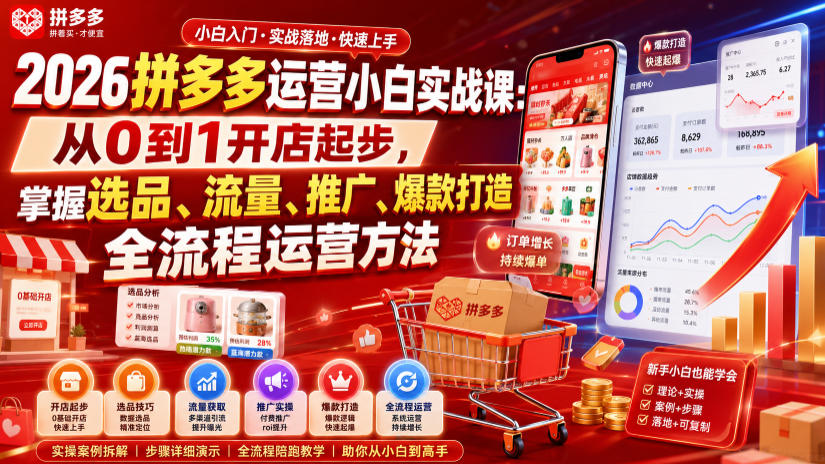 2026拼多多运营小白实战课：从0到1开店起步，掌握选品、流量、推广、爆款打造全流程运营方法-大川资源分享站